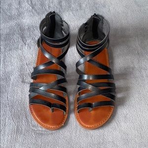 black leather zip up sandals